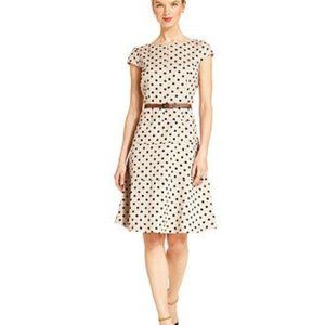 Structured cap sleeve fit-and-flare woven dress in navy polka dot